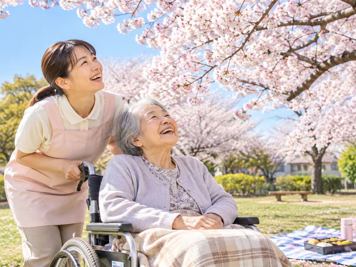 近くの公園で桜を見ながらお花見をする入居者さんとスタッフ