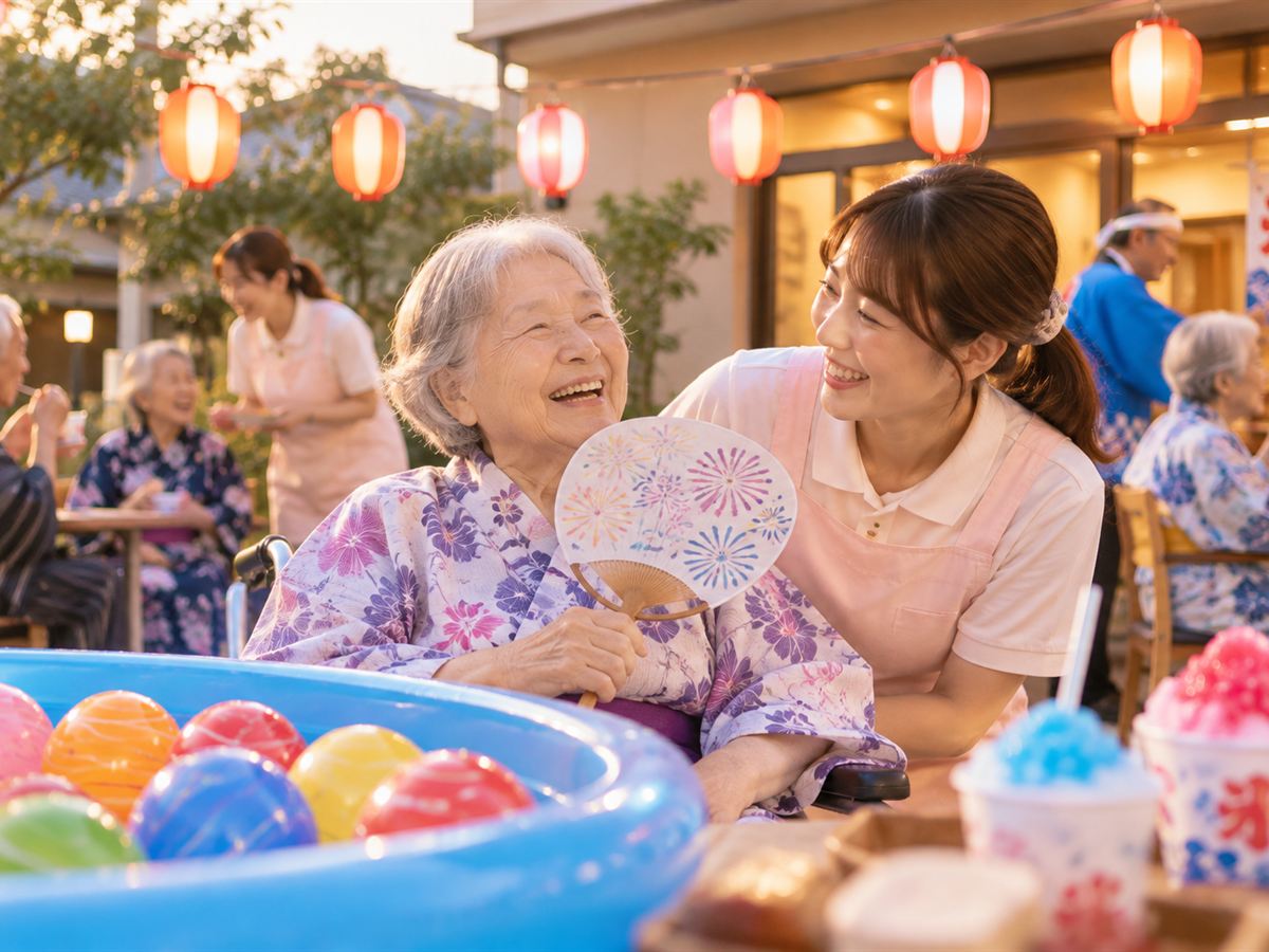 浴衣姿でうちわを持ち、夏祭りを楽しむ入居者さん