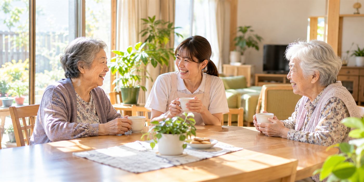 明るいリビングで、入居者さんとスタッフがお茶を飲みながら笑顔で話している様子